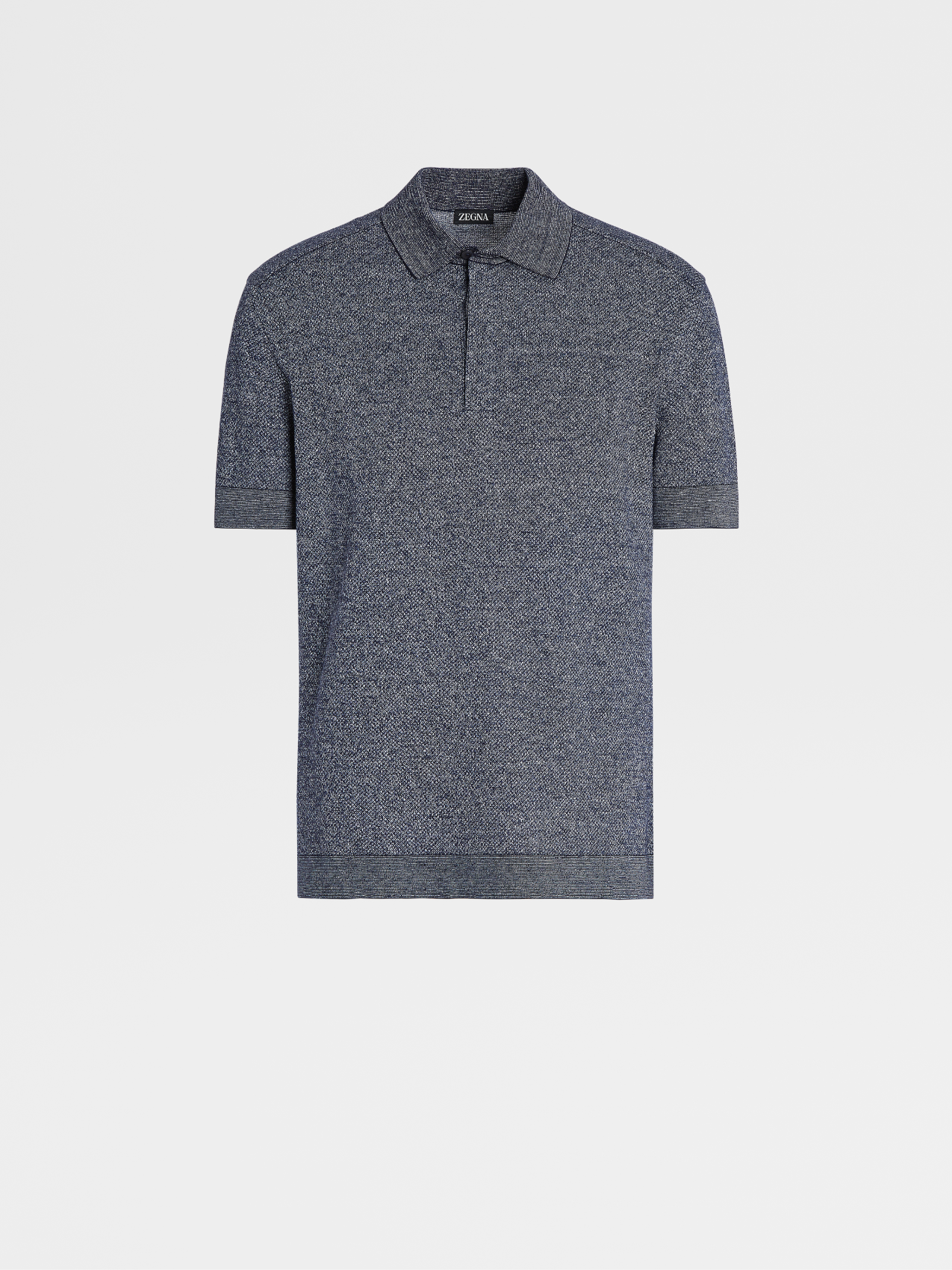 Navy Blue Jacquard Cotton Linen and Silk Short-sleeve Polo